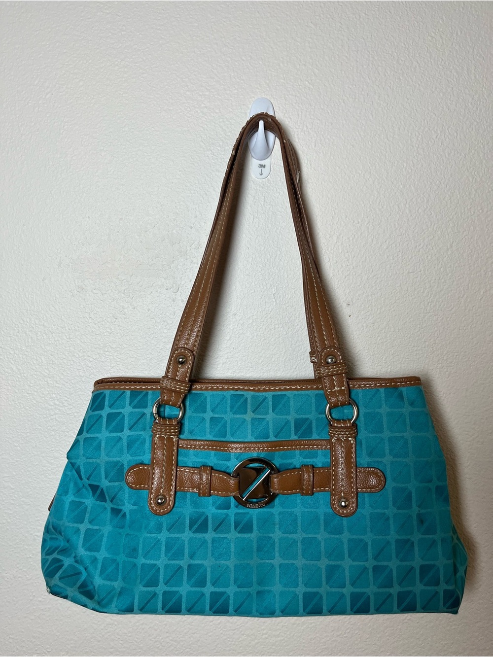 Y2K Nine West Teal Geometric Tote with Brown Trim - Women's Handbag